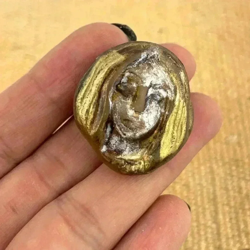 VTG Woman Abstract Pin Jewelry Handmade Gold Silver Lady Head Face Unique - Picture 3 of 7